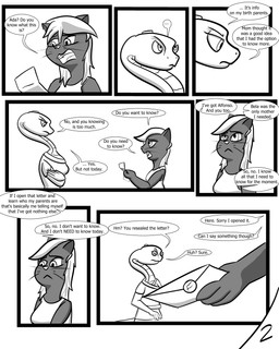 anthro clothing cochlear_implant_processor crossed_arms deaf dialogue envelope female letter shirt tank_top text topwear baristagamerproductions ada_(gem_hunters) phoebe_(gem_hunters) felid feline mammal reptile scalie snake 4:5 absurd_res comic english_text hi_res monochrome shaded