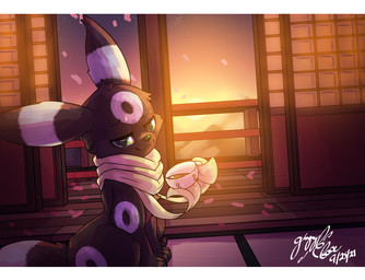 ambiguous_gender backlighting beverage black_body black_fur cherry_blossom cloud container cup feral flower fur inside light looking_at_viewer plant prunus_(flower) scarf sitting sky solo sunset tea tea_cup gingy_k_fox nintendo pokemon fan_character orion_(jacobjones14) eeveelution generation_2_pokemon pokemon_(species) umbreon 2021 letterbox lighting shaded signature