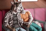 anthro antlers blue_clothing bottomwear chair clothing duo eyewear film_reel fur furniture glasses hand_holding horn pants shirt sitting theater topwear watching_movie marjani canid canine canis deer mammal wolf 2021 hi_res