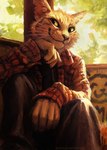 5_fingers anthro clothed clothing day detailed_background fingers front_view fully_clothed male plaid smile solo kenket muenstercat domestic_cat felid feline felis mammal 2018 painting_(artwork) portrait three-quarter_portrait traditional_media_(artwork)