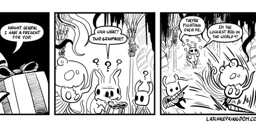 3_panel_comic ambiguous_gender antennae_(anatomy) attack black_text cloak clothing dialogue dodging exclamation_point eyes_closed fight group heart_eyes heart_symbol holding_melee_weapon holding_object holding_weapon looking_at_another melee_weapon motion_lines nail_(weapon) present_box question_mark speech_bubble talking_to_another text trio weapon weapon_on_back p5ych hollow_knight_(franchise) team_cherry bretta_(hollow_knight) broken_vessel_(hollow_knight) the_knight_(hollow_knight) arthropod beetle infected_(species) insect vessel_(species) black_and_white comic english_text monochrome url female_(lore)