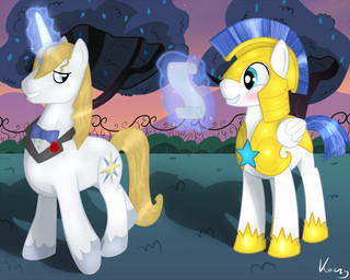 blush cutie_mark duo feathered_wings feathers feral hair horn male male/male quadruped scroll tail white_body white_feathers wings kaczy friendship_is_magic hasbro my_little_pony mythology prince_blueblood_(mlp) royal_guard_(mlp) equid equine mammal mythological_creature mythological_equine pegasus unicorn 5:4 signature