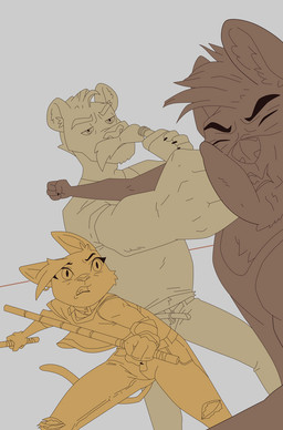 action_pose age_difference anthro arnis beverage bottle bottomwear clothing container denim denim_bottomwear denim_clothing ear_tuft eyes_closed face_squish female female_anthro group head_tuft holding_beverage holding_object holding_weapon jeans jersey long_sleeves looking_at_viewer male male_anthro mature_anthro mature_female older_male open_mouth pants pointy_ears pose punch round_ears shirt simple_background squish tank_top topwear torn_bottomwear torn_clothing torn_jeans torn_pants trio tuft weapon ruffu pepper_in_the_sandbox alamsa_(ruffu) pepper_(ruffu) unnamed_character ambiguous_species canid canine felid feline lion mammal pantherine serval 2025 colored detailed digital_drawing_(artwork) digital_media_(artwork) sketch