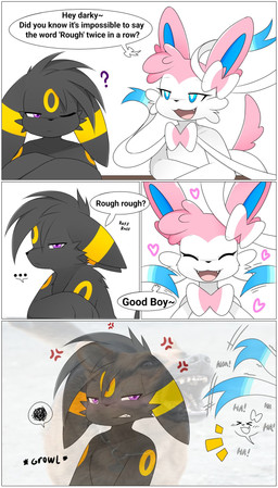 annoyed anthro anthrofied black_body black_fur blue_eyes bow_ribbon cross-popping_vein dialogue duo ellipsis fangs female fur laugh male open_mouth open_smile pink_body pink_fur pokemorph purple_eyes question_mark ribbons simple_background smile tail teasing teeth text white_background white_body white_fur nakachidragon nintendo pokemon darky_(naka) ribby_(naka) canid canine canis domestic_dog eeveelution generation_2_pokemon generation_6_pokemon mammal pokemon_(species) sylveon umbreon 2026 digital_media_(artwork) english_text hi_res