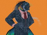 anthro avian beard bird black_body black_feathers business_suit clothing dress_shirt facial_hair feathers galliform hair haretoke315 hi_res lifewonders male multicolored_body multicolored_feathers necktie peafowl phasianid pinstripe_suit ponytail rainbow_body rainbow_feathers red_clothing red_shirt red_topwear shirt simurgh_(tas) solo suit tail tail_feathers tokyo_afterschool_summoners topwear