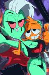 alien bed breasts cleavage clothed clothing disney duo female furniture gesture green_body green_skin hand_gesture hi_res humanoid lord_dominator male manic47 not_furry red_eyes selfie smile space thong thumbs_up underwear wander wander_over_yonder