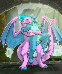 anthro anthro_on_anthro blue_body blue_fur blue_penis bodily_fluids carrying_another claws duo fluffy fluffy_tail frottage fur genital_fluids genitals grabbing_from_behind hug hugging_another hugging_from_behind long_tail male male/male nature penile penis penises_touching pink_body pink_fur precum sex size_difference spread_wings standing sycro tail teal_penis thigh_sex tongue tongue_out waterfall wings kaeru mythology aurorae dragon furred_dragon furred_kobold furred_scalie kobold mythological_creature mythological_scalie scalie hi_res