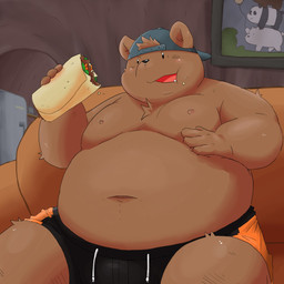 anthro belly biped blush bottomwear brown_body burrito clothing detailed_background food furniture hat headgear headwear male moobs navel nipples overweight overweight_anthro overweight_male shorts sitting sofa solo xecond cartoon_network we_bare_bears grizzly_(we_bare_bears) bear brown_bear grizzly_bear mammal ursine 1:1 2015 hi_res