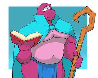 anthro belly biped bodily_fluids book bottomwear clothing loincloth magic_staff male musclegut muscular navel nervous nervous_smile pink_body simple_background slightly_chubby solo standing sweat snowbear003 gameoverse glitch_productions gobbles_(gameoverse) dinosaur prehistoric_species reptile scalie 2026 hi_res