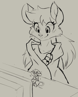 anthro bedding blanket bottomless bottomless_anthro bottomless_female clothed clothed_anthro clothed_female clothing duo electronics eyewear female fully_clothed fully_clothed_anthro fully_clothed_female glasses size_difference television wearing_glasses muhny chloe_(muhny) edie_(muhny) domestic_cat felid feline felis mammal mouse murid murine rodent 2021 sketch