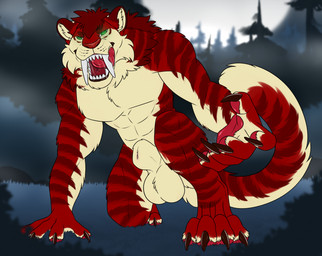 animal_genitalia anthro balls big_balls big_fangs bodily_fluids brown_claws claws fangs finger_claws front_view fully_sheathed fur genitals green_eyes hair licking licking_lips licking_own_lips looking_at_viewer male male_anthro markings messy_hair nude outside pupils red_body red_fur red_hair red_tongue saliva saliva_string sheath short_hair slit_pupils solo striped_arms striped_legs striped_markings striped_tail stripes tail tail_markings teeth tongue tongue_out yellow_balls yellow_body yellow_fur killthe_demon angel_(velvetvlade) felid mammal werecreature werefelid hi_res
