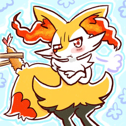 :3 ambiguous_anthro ambiguous_gender anthro arm_tuft biped black_body black_fur blue_background blush blush_lines breath cheek_tuft chest_tuft chopsticks crossed_arms digitigrade dipstick_tail facial_tuft food front_view fur hip_tuft inner_ear_fluff markings multicolored_body multicolored_fur nude_ambiguous nude_anthro object_in_tail orange_body orange_fur orange_inner_ear_fluff orange_nose orange_tail_tip outline pointy_ears prick_ears puffed_cheeks red_eyes shoulder_tuft shrimp_(food) simple_background solo standing tail tail_markings tapering_snout tremble_spikes tuft two_tone_tail white_body white_fur yellow_body yellow_fur annyui0611 nintendo pokemon braixen canid generation_6_pokemon mammal pokemon_(species) 1:1 2021 cel_shading colored digital_drawing_(artwork) digital_media_(artwork) hi_res japanese_description portrait shaded three-quarter_portrait translated_description