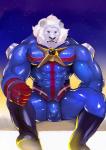 anthro bodysuit bulge clothed clothing detailed_bulge fur genital_outline male muscular muscular_anthro muscular_male penis_outline skinsuit solo spread_legs spreading tight_clothing white_body white_fur iceman1984 fate_(series) type-moon caster_thomas_edison felid lion mammal pantherine