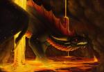 black_body black_scales detailed_background horn lava membrane_(anatomy) membranous_wings red_eyes scales smooth_horn solo spines standing wings keltaan european_mythology mythology darylith dragon mythological_creature mythological_scalie scalie western_dragon 2018 digital_media_(artwork) hi_res