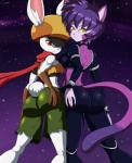 anthro breasts bubble_butt butt clothed clothing duo female fully_clothed fur hair inner_ear_fluff purple_body purple_fur red_eyes red_scarf scarf side_boob teasing tuft white_body white_fur yellow_eyes canime dragon_ball dragon_ball_super hop_(dragon_ball) sorrel_(dragon_ball_super) animal_humanoid domestic_cat felid feline felis humanoid lagomorph leporid mammal rabbit 2017