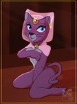 anthro blush breasts ear_piercing ear_ring female fur jewelry looking_at_viewer nude piercing purple_body ring_piercing solo toongrowner around_the_world_with_willy_fog princess_romy domestic_cat felid feline felis mammal digital_media_(artwork) hi_res