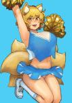 :d alternate_costume animal_ear_fluff arms_above_head big_breasts blonde_hair blue_background blue_bottomwear blue_clothing blue_shirt blue_skirt blue_topwear blush bodily_fluids bottomwear breasts cheerleader clothed clothing crop_top eyebrow_through_hair eyebrows fangs female footwear fox_tail hair inner_ear_fluff jumping legwear looking_at_viewer midriff multi_tail navel open_mouth panties panty_shot pom_poms pupils raised_arm shirt shoes short_hair simple_background skirt slit_pupils smile socks solo sweat tail teeth topwear translucent translucent_hair tuft underwear white_clothing white_footwear white_legwear white_panties white_shoes white_socks white_underwear yellow_eyes chanta touhou ran_yakumo animal_humanoid canid canid_humanoid canine canine_humanoid fox_humanoid humanoid mammal mammal_humanoid 2019 absurd_res full-length_portrait hi_res portrait