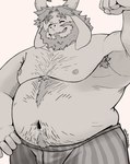 anthro beard body_hair boxer_briefs boxer_briefs_only boxers_(clothing) chest_hair clothed clothing eyes_closed facial_hair flexing flexing_bicep horn long_ears male nipples overweight overweight_male slightly_chubby slightly_chubby_anthro slightly_chubby_male smile smiling_at_viewer solo topless underwear underwear_only unatazaamarilla deltarune undertale_(series) asgore_dreemurr bovid caprine goat mammal absurd_res hi_res