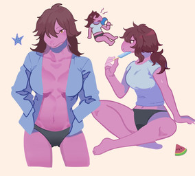 anthro barefoot bikini bikini_bottom bodily_fluids breasts brown_hair clothed clothing eating eating_food fanning fanning_self feet female food freckled_face freckles front_view fruit hair hair_over_eye hand_fan holding_fan holding_food holding_object looking_at_viewer melon midriff navel non-mammal_breasts one_eye_obstructed open_clothing open_mouth open_shirt open_topwear partially_clothed pink_body pink_scales plant ponytail popsicle scales shirt simple_background sitting skimpy solo standing sweat swimwear thigh_gap three-quarter_view topwear two-piece_swimsuit watermelon yellow_eyes potepotekosam deltarune undertale_(series) susie_(deltarune) aquatic asterozoan dinosaur echinoderm prehistoric_species reptile scalie starfish