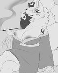 anthro areola asian_clothing big_breasts breasts clothing east_asian_clothing eyebrows female fluffy fluffy_tail fur japanese_clothing kimono kiseru looking_at_viewer markings mature_anthro mature_female multi_tail nipples simple_background smoke smoking smoking_pipe solo tail tail_markings thick_eyebrows thick_thighs frenchybaguette asian_mythology east_asian_mythology japanese_mythology mythology canid canine fox mammal yokai absurd_res greyscale hi_res monochrome