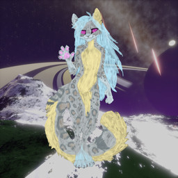 ambiguous_gender anthro blue_hair cosmic_background fluffy fluffy_tail gas_giant grey_body hair leopard_spots long_hair mountain ring_system solo space space_background spots tail translucent translucent_hair wide_hips evelyn_ivy felid mammal pantherine snow_leopard 1:1 hi_res