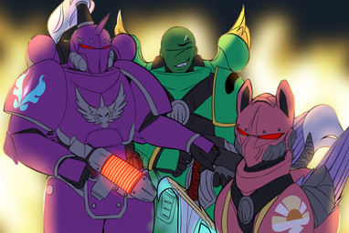 abstract_background adeptus_astartes armor astartes bald cosplay crossover_cosplay feathered_wings feathers feral green_body green_skin group gun heresy holding_gun holding_melee_weapon holding_object holding_ranged_weapon holding_sword holding_weapon horn machine male melee_weapon power_armor ranged_weapon smile space_marine sword teeth trio weapon wings 2hrnap hasbro my_little_pony mythology warhammer_(franchise) warhammer_40000 anon equid equine human mammal mythological_creature mythological_equine winged_unicorn 2024 absurd_res crossover digital_drawing_(artwork) digital_media_(artwork) hi_res