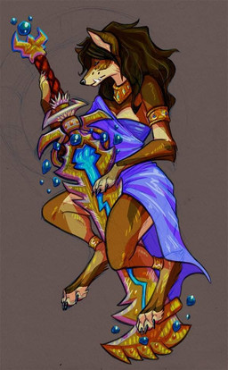 anklet anthro bangle claws clothed clothing collar dress eyes_closed female fur hair holding_melee_weapon holding_object holding_sword holding_weapon jewelry long_hair melee_weapon simple_background solo sword teeth toe_claws weapon secret_sins blizzard_entertainment warcraft canid mammal werecanid werecreature worgen digital_media_(artwork)