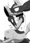 ambiguous_gender anthro bdsm bowl canid canine comic container food_denial generation_4_pokemon greyscale hi_res japanese_text kurohane_karasu licking lucario mammal monochrome nintendo open_mouth pet_bowl petplay pokemon pokemon_(species) roleplay simple_background text tongue tongue_out translated white_background
