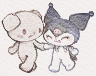 anthro blush brown_body brown_fur chibi duo female female/female fur hand_holding self_insert smile smiling_at_another smiling_at_each_other smiling_at_partner spade_tail tail white_body white_fur touboutenshi onegai_my_melody sanrio kuromi tenshi_(touboutenshi) canid canine canis demon domestic_dog lagomorph leporid mammal rabbit 5:4