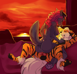 animal_genitalia animal_penis anthro anthro_on_anthro anthro_penetrated anthro_penetrating anthro_penetrating_anthro anus balls black_body black_fur black_nose breasts butt canine_genitalia canine_penis claws clothing cowgirl_position detailed_background duo erection eye_contact feet female female_on_top female_penetrated from_front_position fur genitals grey_body grey_fur grin hair hat headgear headwear hindpaw interspecies knot knotting looking_at_another lying male male/female male_on_bottom male_penetrating male_penetrating_female neck_tuft nipples nude on_bottom on_top open_mouth orange_body orange_fur outside pawpads paws penetration penile penile_penetration penis penis_in_vagina pink_hair pokephilia red_hair romantic romantic_ambiance sex smile striped_body striped_fur stripes sunset teeth tuft vaginal vaginal_knotting vaginal_penetration demicoeur nintendo pokemon jace_(gasaraki2007) segway_(segwayrulz) arcanine canid canine canis generation_1_pokemon mammal pokemon_(species) wolf 2016 digital_media_(artwork) hi_res shaded