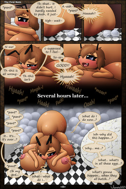 4_arms 4_breasts areola arthropod_abdomen big_breasts biped blush bodily_fluids breasts brown_body brown_hair clenched_teeth detailed_background dialogue egg eyebrows eyelashes fangs female front_view genital_fluids hair huge_breasts hyper hyper_breasts inside kneeling lactating looking_pleasured monotone_body multi_arm multi_breast multi_limb nipples non-mammal_breasts nude nude_female onomatopoeia open_mouth oviposition page_number pregnant pregnant_female projectile_lactation screaming segmented_pregnancy side_view solo sound_effects sweat sweaty_body teeth text tongue visorelle animal_humanoid arthropod arthropod_humanoid humanoid insect 2023 2:3 absurd_res artist_name comic digital_drawing_(artwork) digital_media_(artwork) english_text hi_res