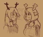 alternate_form anthro antlers breasts buckteeth choker deer deltarune dialogue doe_with_antlers dual_persona duo eye_contact eye_through_hair female freckles hair hair_over_eye horn humor jewelry long_hair looking_at_another mammal medium_breasts necklace new_world_deer noelle_holiday one_eye_obstructed pun reindeer sketch small_breasts smile teeth translucent translucent_hair undertale_(series) unknown_artist version_comparison worried young