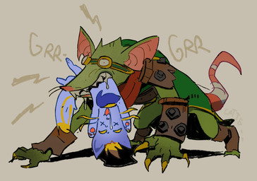 all_fours anthro armor bandage bandaged_tail bared_teeth bodily_fluids boots bracelet claws clothing duo eyewear feral footwear fur gauntlets gloves goggles green_body green_fur grey_background growling handwear humor jewelry kerchief male mauling rat_tail saliva sharp_teeth shoes simple_background sleeveless_clothing tail tail_wraps teeth toeless_boots toeless_footwear topwear vest whiskers wraps yellow_claws ratcate league_of_legends riot_games tencent twitch_(lol) yuumi_(lol) domestic_cat felid feline felis mammal murid murine rat rodent