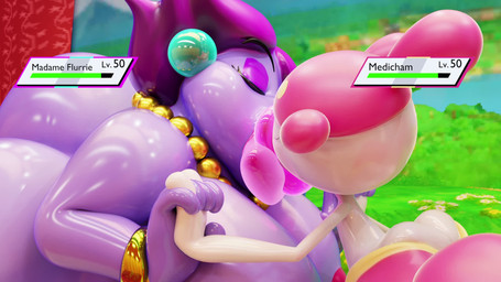 anthro big_breasts big_butt bodily_fluids breasts butt cloud dominant dominant_anthro dominant_female draining_kiss duo female female/female gameplay_mechanics gui health_bar huge_breasts huge_butt kiss_mark kissing licking licking_lips lipstick makeup saliva saliva_string tongue tongue_out sl0bb3r mario_bros nintendo paper_mario pokemon madame_flurrie air_creature elemental_creature generation_3_pokemon human living_cloud mammal medicham pokemon_(species) 16:9 3d_(artwork) 3d_animation animated crossover digital_media_(artwork) hi_res huge_filesize loop sound widescreen