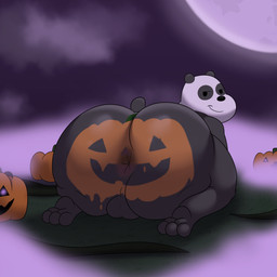 all_fours anthro anus balls bedroom_eyes big_butt black_body black_ears black_eyes black_fur black_nose black_tail butt fog food fruit full_moon fur genitals half-closed_eyes holidays huge_butt jack-o'-lantern looking_at_viewer looking_back male moon multicolored_body multicolored_fur narrowed_eyes night on_ground overweight overweight_anthro overweight_male plant presenting presenting_anus presenting_hindquarters pumpkin pumpkin_butt rear_view seductive short_tail smile solo tail thick_thighs three-quarter_view two_tone_body two_tone_fur white_body white_fur colossalstars cartoon_network halloween we_bare_bears panda_(we_bare_bears) bear giant_panda mammal 1:1 2025 absurd_res digital_media_(artwork) hi_res