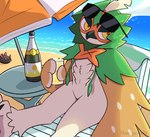 ambiguous_gender anthro beach beak beverage biped black_body brown_body detailed_background duo eyewear eyewear_on_head green_body multicolored_body orange_body pink_body red_eyes sea sunglasses sunglasses_on_head water white_body thatsquirrelly nintendo pokemon decidueye generation_7_pokemon pokemon_(species) hi_res