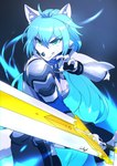 action_pose anthro armor blue_hair claws clothing female fur gauntlets gloves green_eyes hair handwear melee_weapon pawpads pose solo sword weapon white_body white_fur jecbrush celes_traydor canid canine canis mammal wolf hi_res