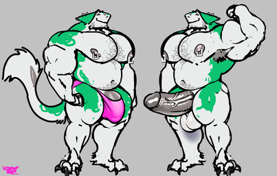 anthro balls barely_visible_genitalia belly biceps big_balls big_muscles big_pecs big_penis body_hair bulge calf_muscles chest_hair clothing deltoids detailed_bulge flexing foreskin genitals glans grey_background happy_trail huge_balls huge_penis male mostly_nude muscular muscular_arms muscular_legs muscular_male navel nipple_piercing nipple_ring nipples nude pecs penis piercing retracted_foreskin ring_piercing simple_background solo tail tail_tuft thong tuft underwear vein veiny_penis aviesergal sergal hi_res