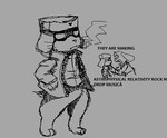 anthro clothing eyewear goggles hands_on_clothing hat headgear headwear jacket male male/male smoking text topwear rhonbon cave_story jack_(cave_story) king_(cave_story) lagomorph mammal mimiga english_text low_res