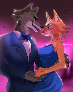 4_fingers anthro arms_around_partner blue_blazer blue_bottomwear blue_bow_tie blue_clothing blue_pants bottomwear bow_tie canon_couple claws clothing dancing duo eyebrow_piercing facial_piercing female finger_claws fingers fur green_eyes grey_body grey_fur male male/female orange_body orange_fur pants pawpads piercing smile yellow_eyes yellow_sclera q1p0a2l4zm dreamworks the_bad_guys diane_foxington mr._wolf_(the_bad_guys) canid canine canis fox mammal red_fox true_fox wolf hi_res