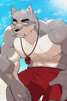 5_fingers anthro band-aid band-aid_on_face band-aid_on_nose bandage bandage_on_face bandage_on_nose big_muscles big_pecs biped clothed clothing fingers humanoid_hands male muscular muscular_anthro muscular_male pecs solo topless topless_anthro topless_male whistle_(object) hachi_duchi canid mammal 2:3 absurd_res hi_res