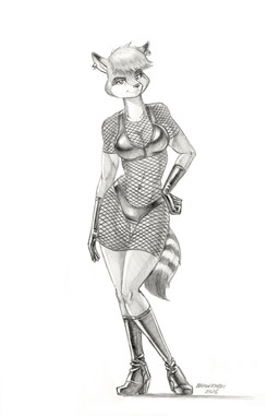 anthro boots bottomwear bra clothing ear_piercing female fishnet_clothing footwear fur gloves hair handwear high_heeled_boots high_heels leather leather_bottomwear leather_clothing leather_topwear looking_at_viewer mouth_closed panties piercing shoes smile smiling_at_viewer solo standing tail topwear underwear baron_engel jessica_knight mammal procyonid raccoon 2026 hi_res signature