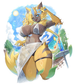 accessory anthro beverage big_breasts bikini black_bottomwear black_clothing bottomwear breasts cleavage clothed clothing female flower flower_in_hair fur hair hair_accessory huge_breasts multicolored_body plant solo swimwear thick_thighs towel two-piece_swimsuit wet wet_clothing wide_hips yellow_body yellow_fur togetoge nintendo pokemon aurora_(nbanoob) generation_7_pokemon legendary_pokemon pokemon_(species) zeraora hi_res