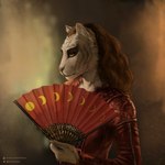 1:1 anthro blurred_background clothed clothing digital_media_(artwork) dress felid female hair hand_fan hi_res khajiit long_hair mammal microsoft painting pantherine potrait sheta solo techiesxc the_elder_scrolls tiger