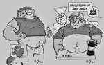 2024 anthro beanie belly beverage big_belly bodily_fluids body_hair bottomwear chubby_cheeks clothing coca-cola coke_and_mentos cougar dialogue double_chin english_text fangs felid feline funnel gabbagebin grey_background greyscale happy_trail hat headgear headwear hi_res male mammal mentos monochrome multiple_images musclegut muscular navel overweight overweight_anthro overweight_male pants polaroid_photo sharp_teeth simple_background sleeveless_hoodie smile soda soda_bottle solo speech_bubble stuck sweat sweatdrop sweatpants teeth text