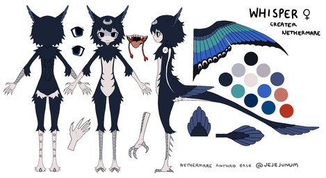 5_fingers :< anthro belly black_eyes black_wings blue_body blue_ears blue_feathers blue_hair blue_tail blue_wings color_swatch countershading crescent_moon_(marking) feathered_tail feathered_wings feathers female female_anthro female_symbol fingers forehead_gem gem gender_symbol hair humanoid_face leg_spikes markings moon_(marking) mouth_closed multicolored_wings neck_tuft open_mouth sharp_teeth simple_background solo spikes spikes_(anatomy) symbol tail tan_belly tan_body tan_countershading tan_hands tan_legs teal_wings teeth text tuft white_background wings jejejunum european_mythology greek_mythology mythology whisper_(jejejunum) animal_humanoid avian harpy humanoid mythological_avian mythological_creature nethermare 2026 artist_name character_name digital_drawing_(artwork) digital_media_(artwork) english_text hi_res model_sheet multiple_images species_name