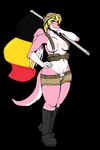 anthro armor belgian_flag blonde_hair blue_eyes boots clothing female flag footwear fur hair headgear helmet pink_body pink_fur shoes solo tail wings cainesart mythology roketchu canid canine canis dragon hybrid mammal mythological_creature mythological_scalie scalie wolf 2:3 absurd_res alpha_channel hi_res