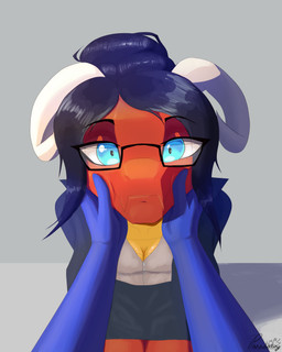 anthro anthro_on_anthro blue_eyes clothed clothing countershading duo eyewear face_grab face_squish female glasses hair horn looking_at_viewer red_body scales sitting squish ventral_scales yellow_body yellow_countershading conditional_dnp paradoxing mythology dox_(paradoxing) minerva_(paradoxing) dragon mythological_creature mythological_scalie scalie 2026 4:5 digital_media_(artwork) digital_painting_(artwork) hi_res painting_(artwork) signature