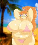 beach big_breasts bikini breasts clothing eyewear female freckles glasses huge_breasts overweight overweight_female seaside solo swimwear two-piece_swimsuit tamboribora bovid bovine cattle mammal 5:6 absurd_res hi_res