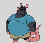 anthro belly big_belly black_body clothing dot_eyes male overweight overweight_male pink_nose shirt simple_background solo topwear charmcharmcharm mammal murid murine rat rodent 2024 hi_res